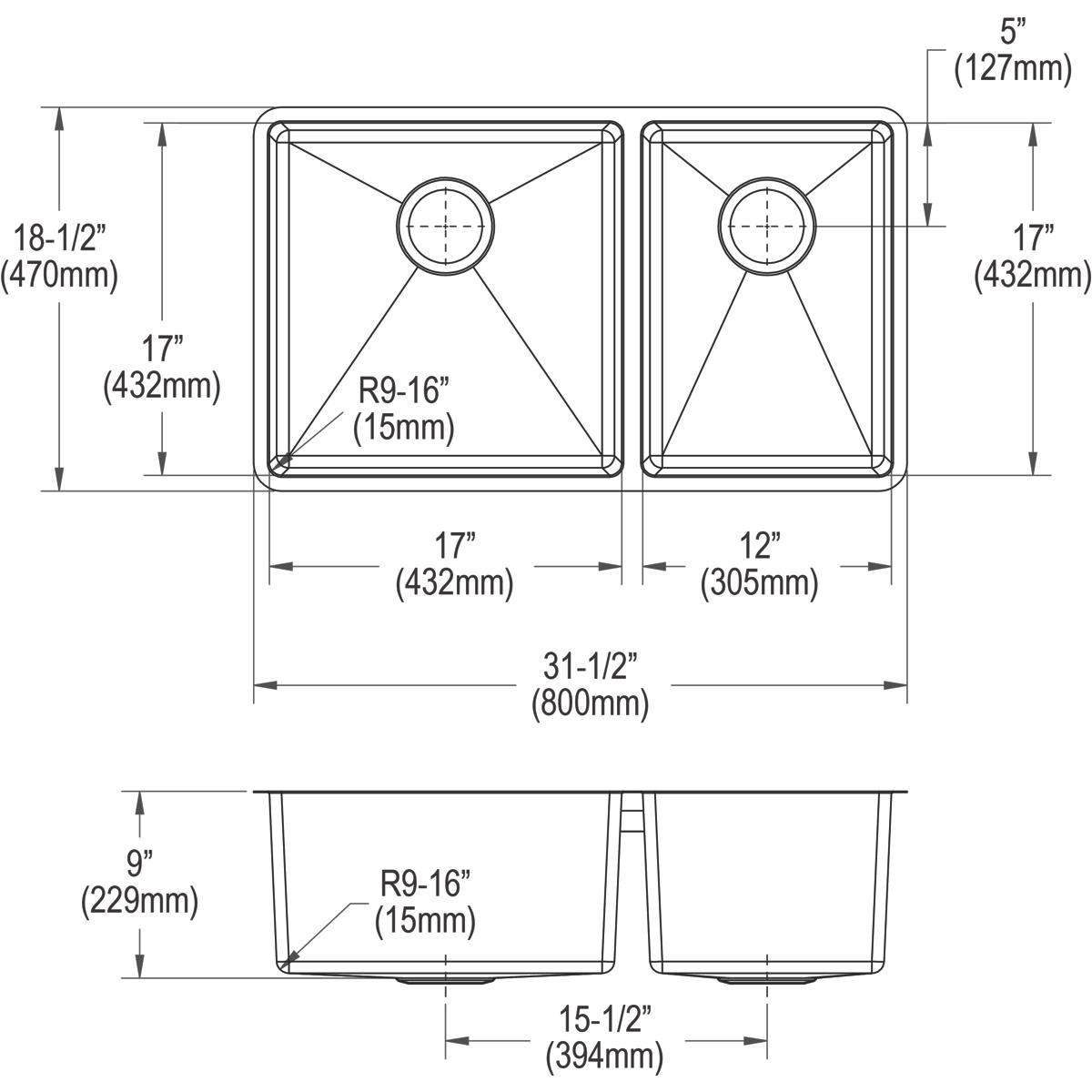 Elkay Crosstown 18 Gauge Stainless Steel 31-1/2" x 18-1/2" x 9" 60/40 Double Bowl Undermount Sink Kit