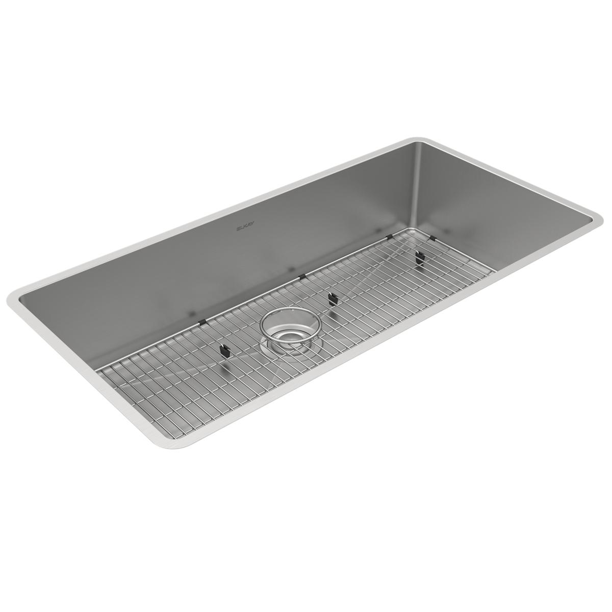 Stainless steel undermount sink with single bowl, drain hole, and included grid rack insert.