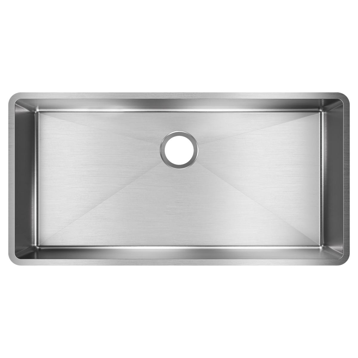 Stainless steel single bowl undermount sink with drain hole, rectangular shape and brushed finish.