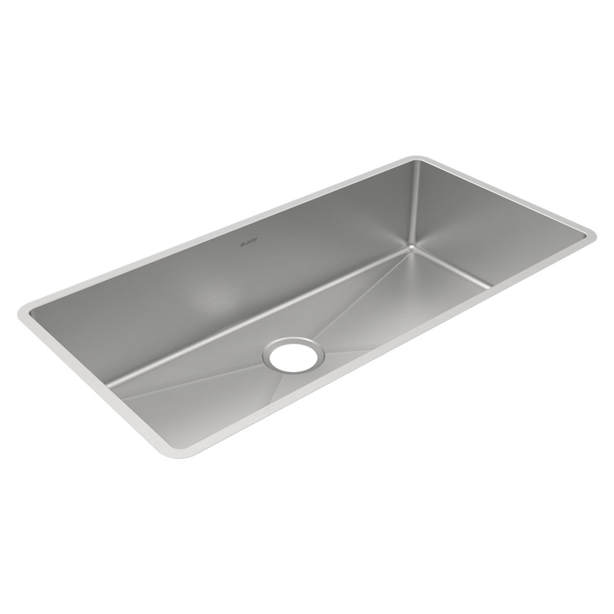 Stainless steel single bowl undermount sink with rounded corners and drain hole on right side.