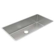 Stainless steel single bowl undermount sink with rounded corners and drain hole on right side.