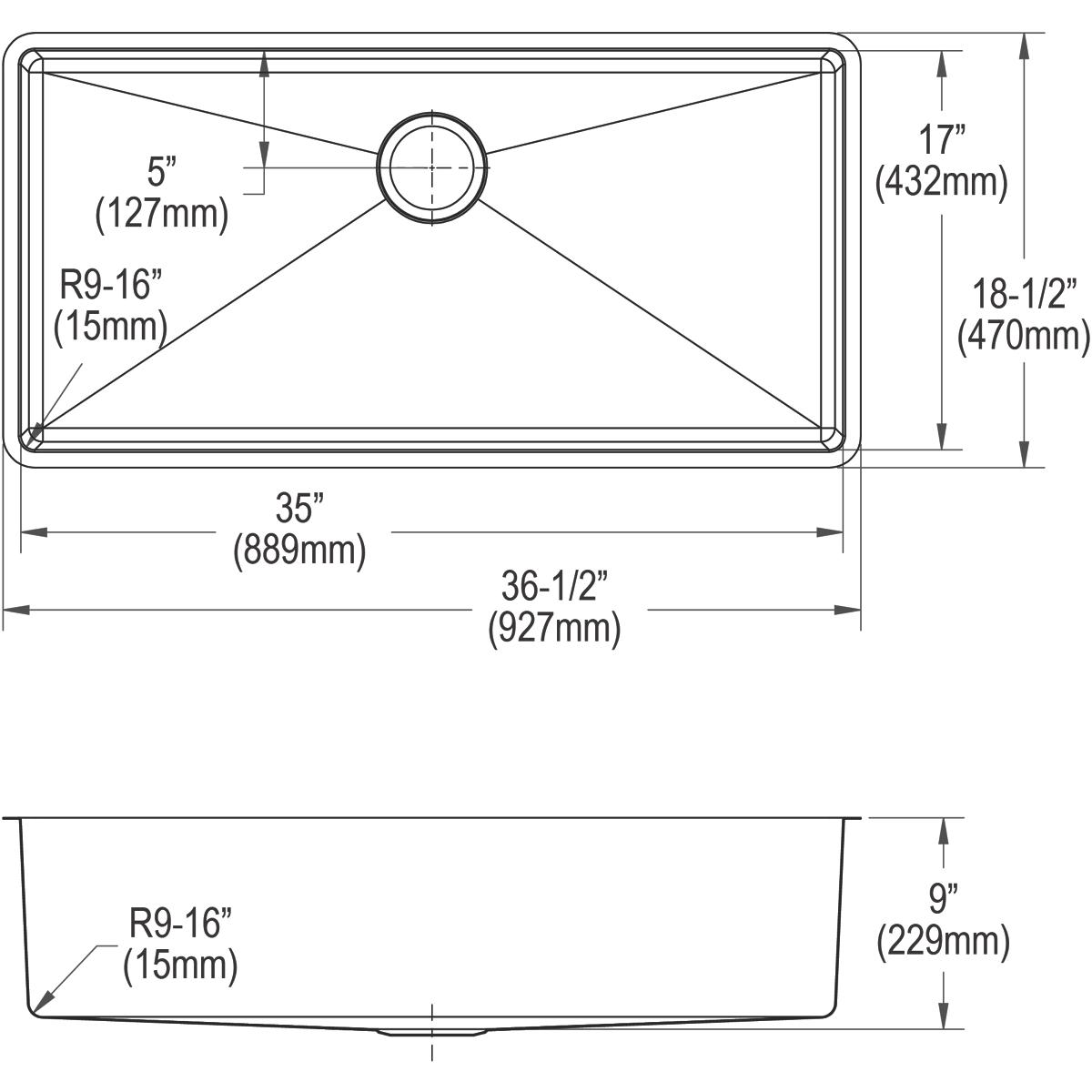 Stainless steel undermount sink with single rectangular bowl, centered drain, and rounded corners, shown in top and side view