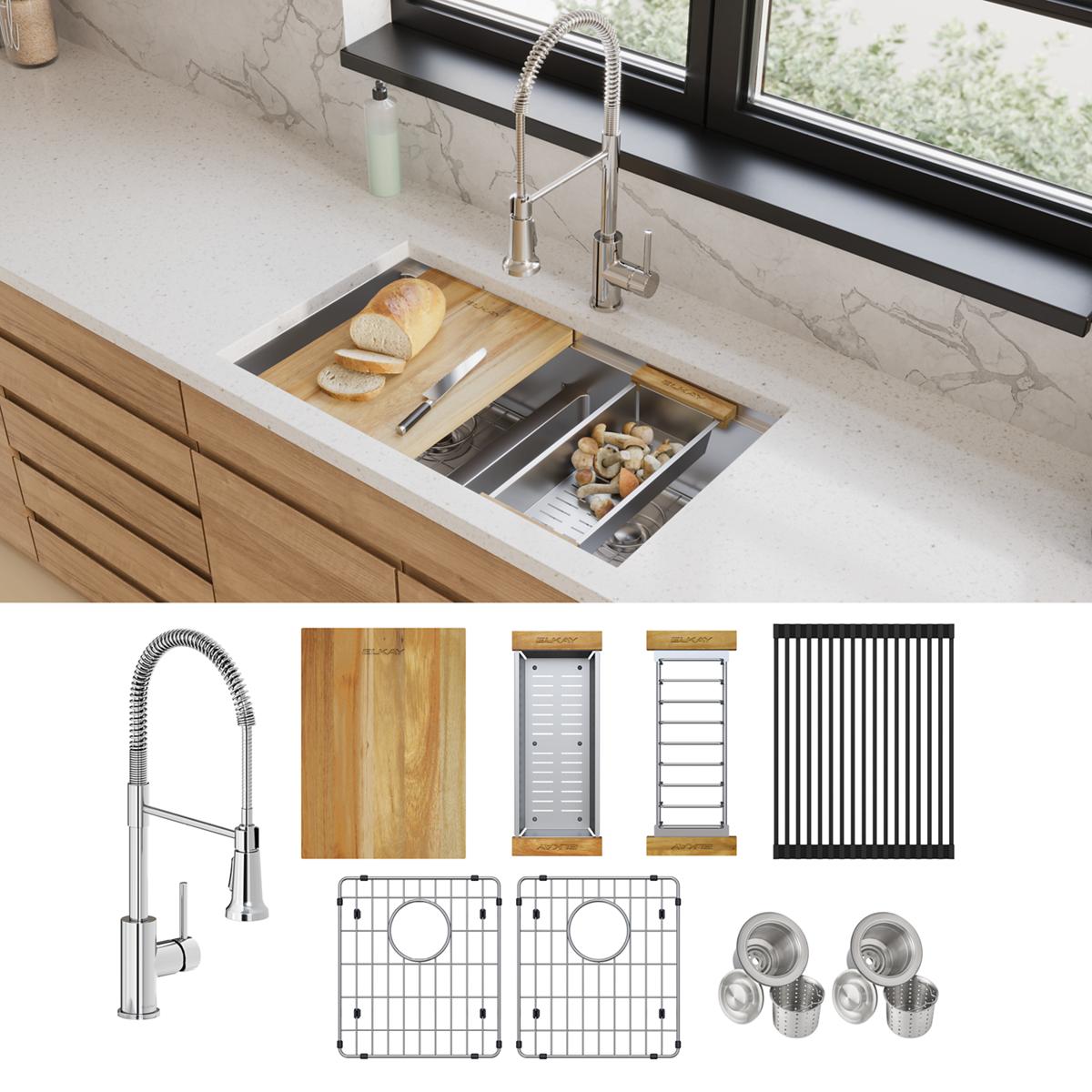 Elkay Crosstown 18 Gauge Workstation Stainless Steel, 31-1/2" x 18-1/2" x 9" Equal Double Bowl Undermount Sink & Faucet Kit with Aqua Divide