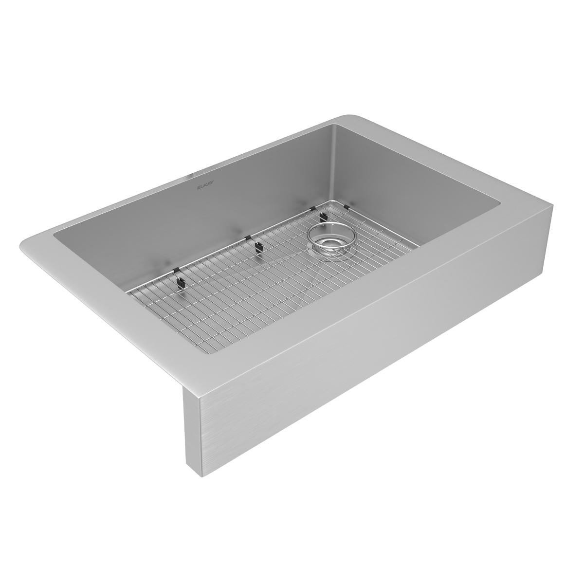 Stainless steel single bowl farmhouse sink with grid and drain strainer included.