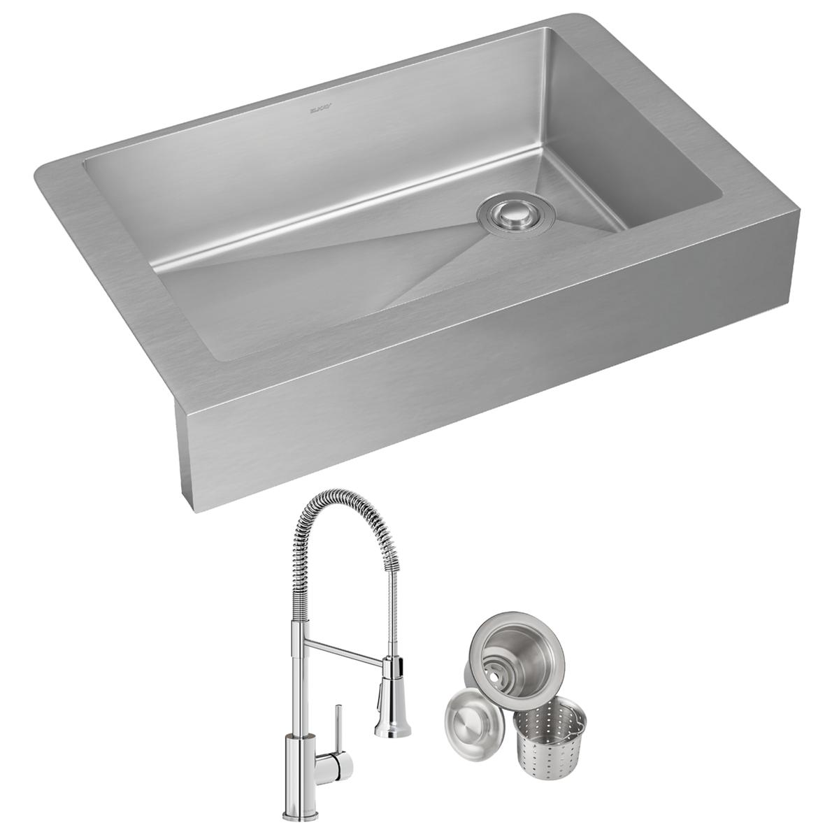 Stainless steel farmhouse sink with single bowl and apron front, shown with pull-down faucet and drain strainer basket.