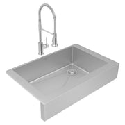 Stainless steel farmhouse sink with single basin and sprayer faucet kit with drain assembly.
