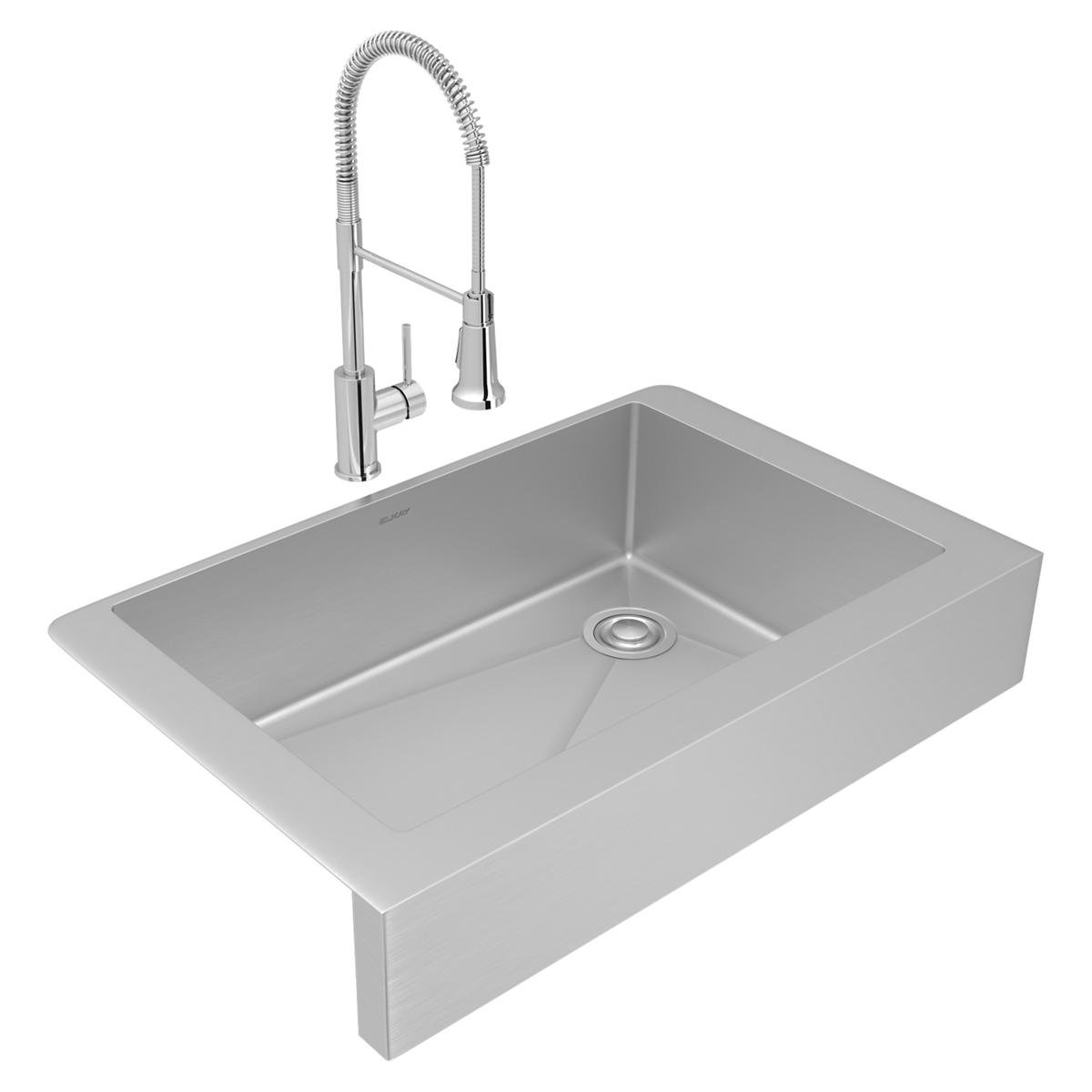 Stainless steel farmhouse sink with single basin and sprayer faucet kit with drain assembly.