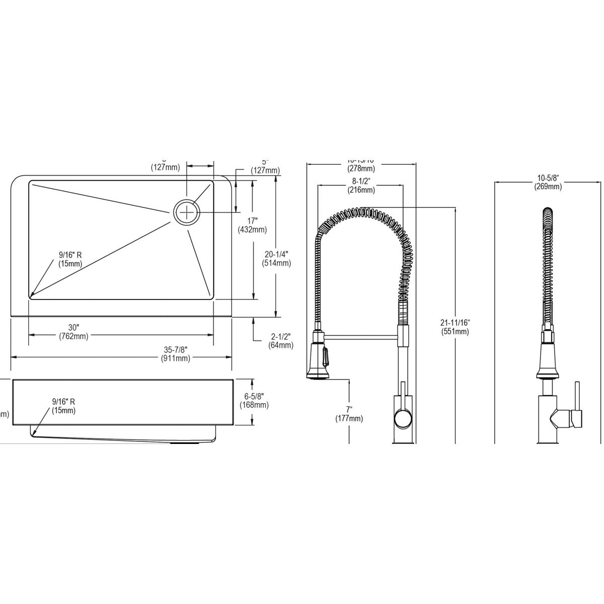 Technical diagram showing top and side views of stainless steel farmhouse sink with pull-down faucet and drain assembly dimen