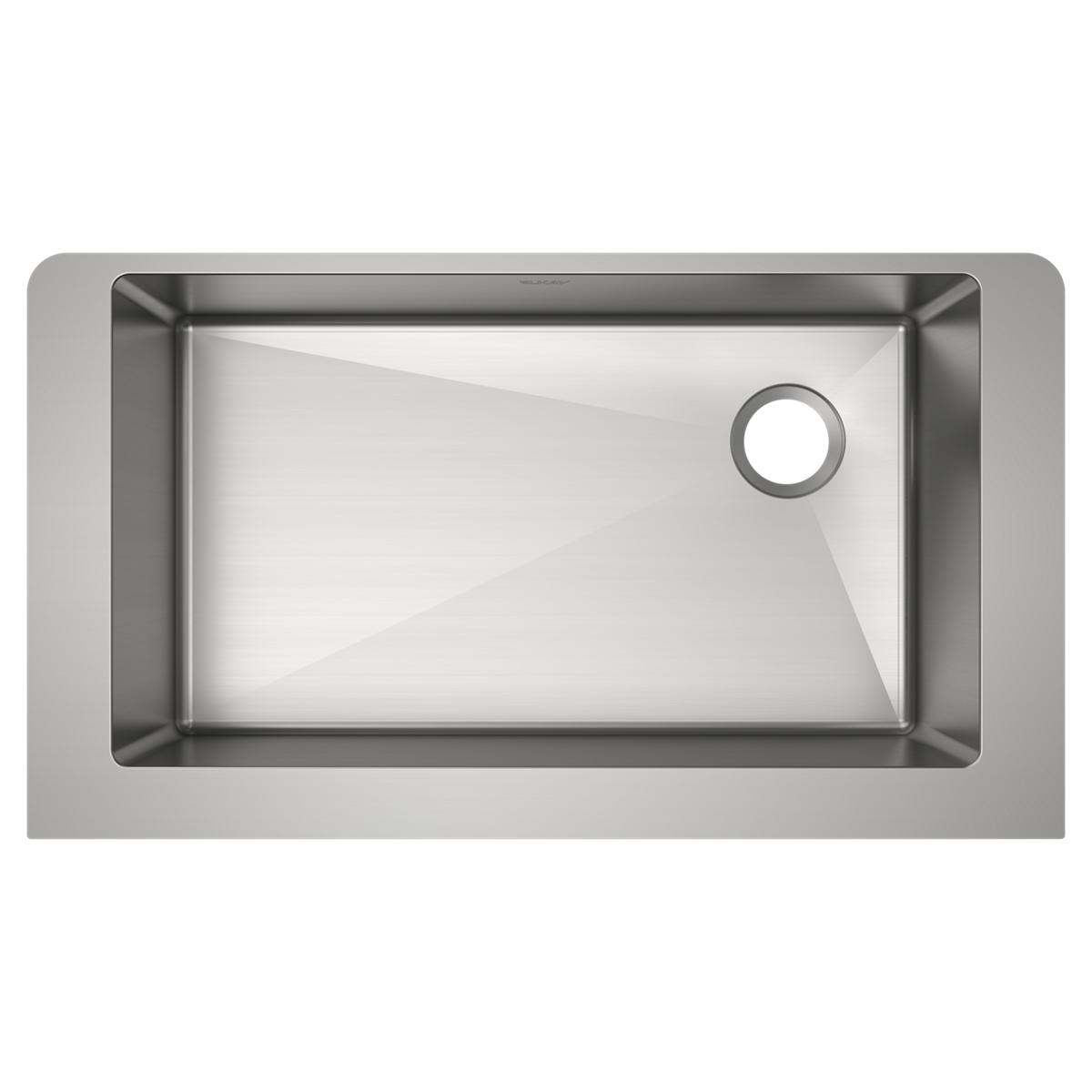 Stainless steel single bowl farmhouse sink with rounded corners and drain hole on right side, viewed from above.