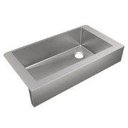 Stainless steel farmhouse sink with single rectangular bowl and front apron, drain hole visible.