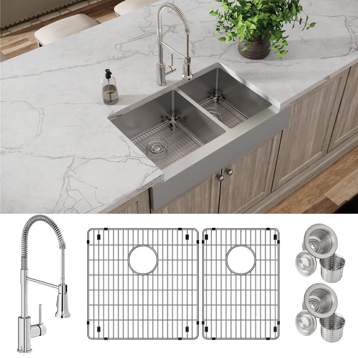 Stainless steel double bowl farmhouse sink with spring faucet, bottom grids, and drain strainers installed in marble countert