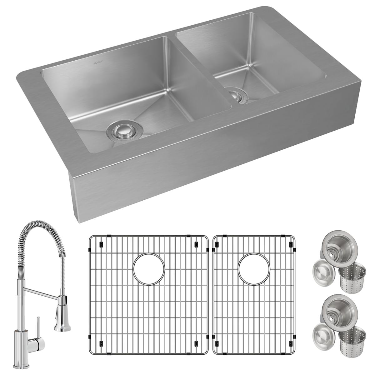Stainless steel double bowl farmhouse sink with two bottom grids, pull-down faucet, and drain strainers included.