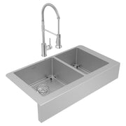 Stainless steel farmhouse sink with two unequal bowls, bottom grids, drain, and matching pull-down faucet.