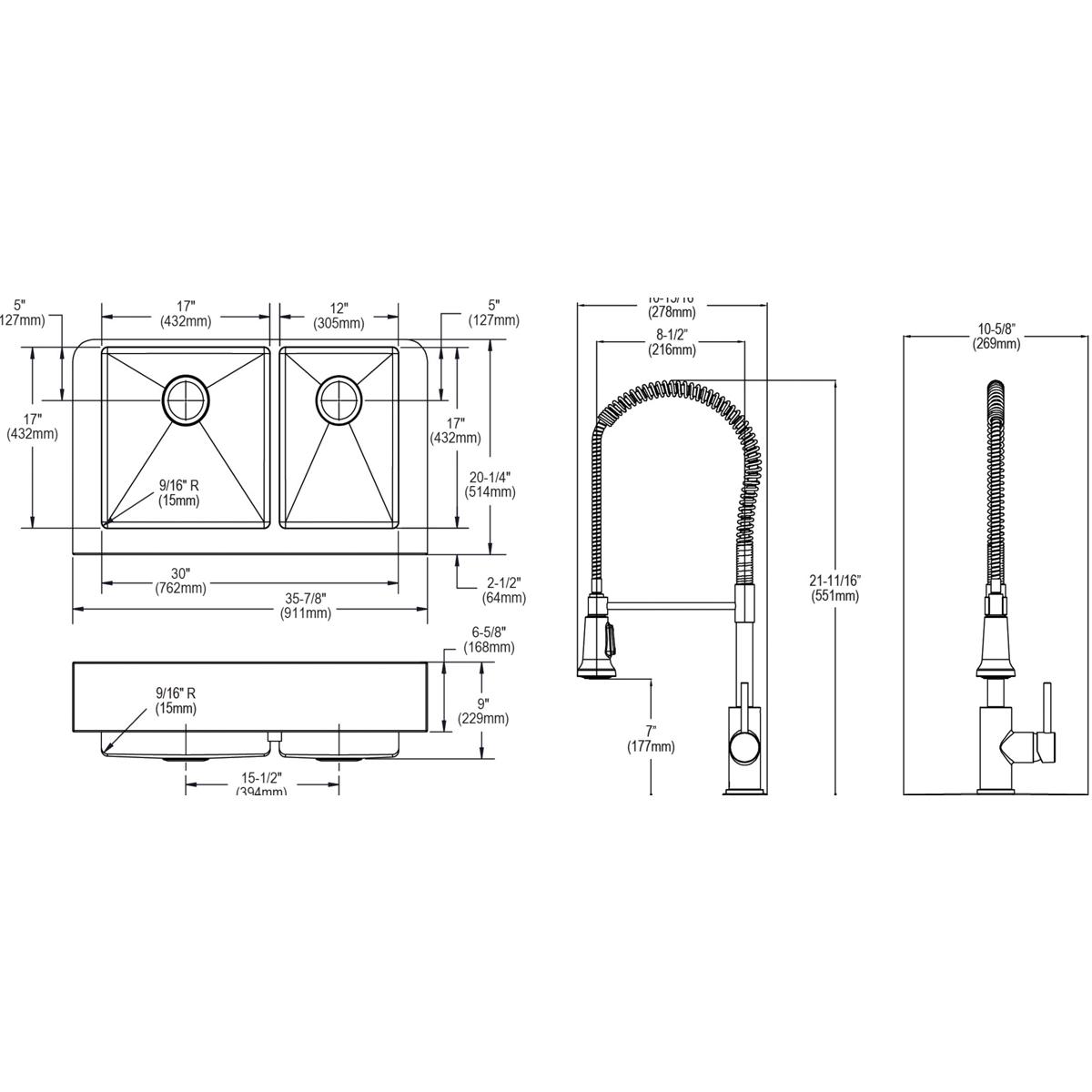 Stainless steel double bowl farmhouse sink with two basins and matching pull-down faucet shown in technical specification dra