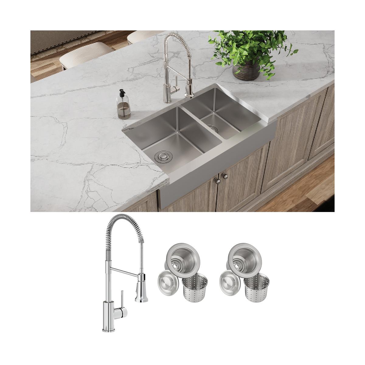 Stainless steel double bowl farmhouse sink installed in countertop with pull-down faucet and included drain strainers.