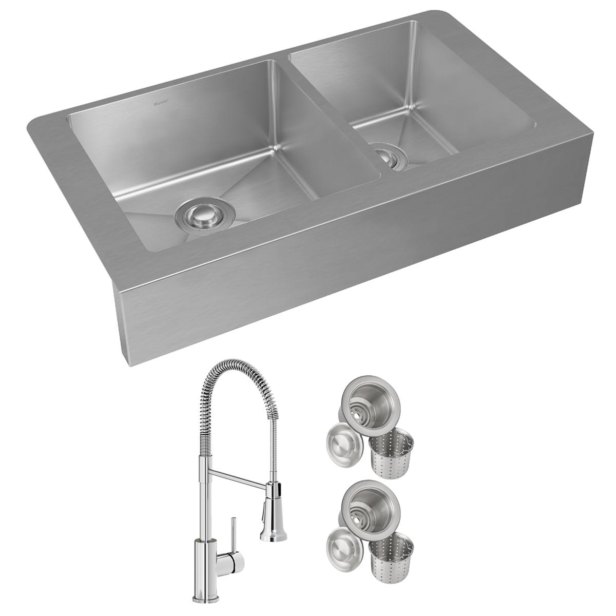Stainless steel double bowl farmhouse sink with two strainer baskets and pull-down kitchen faucet.