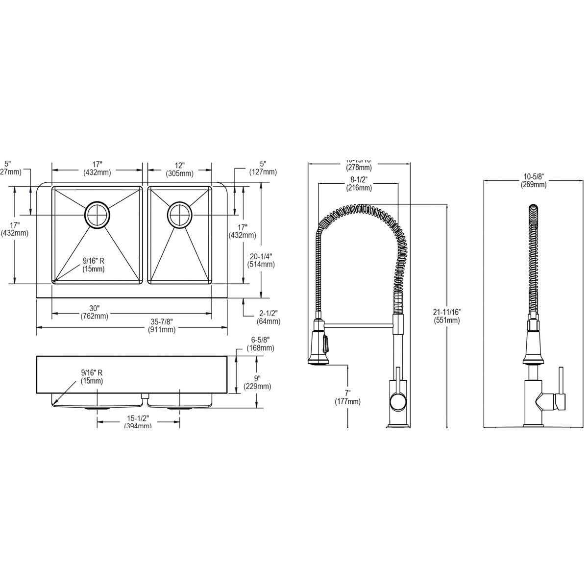 Stainless steel double bowl farmhouse sink with pulldown faucet and drain specifications.