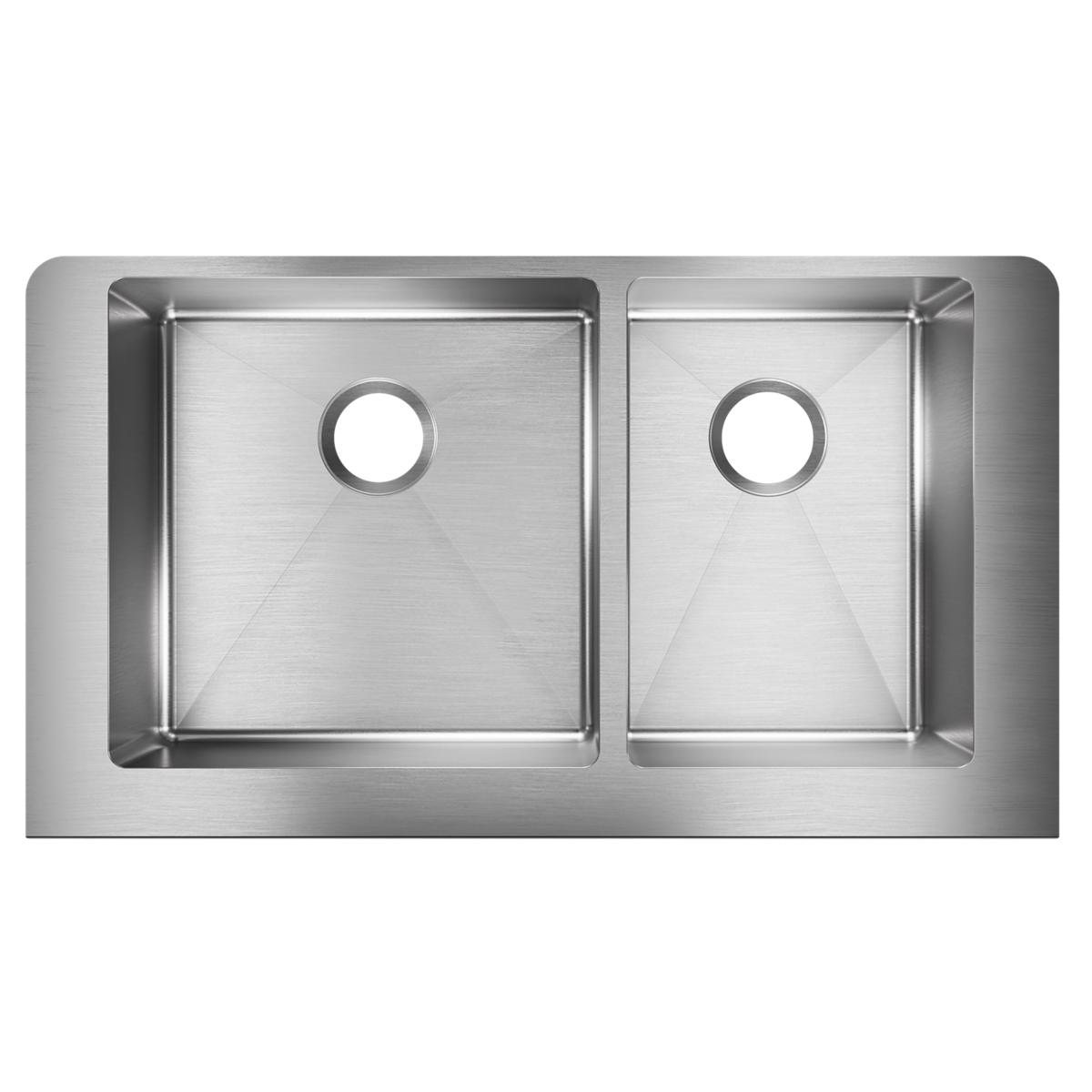 Stainless steel double bowl farmhouse sink with two unequal basins and drain holes.