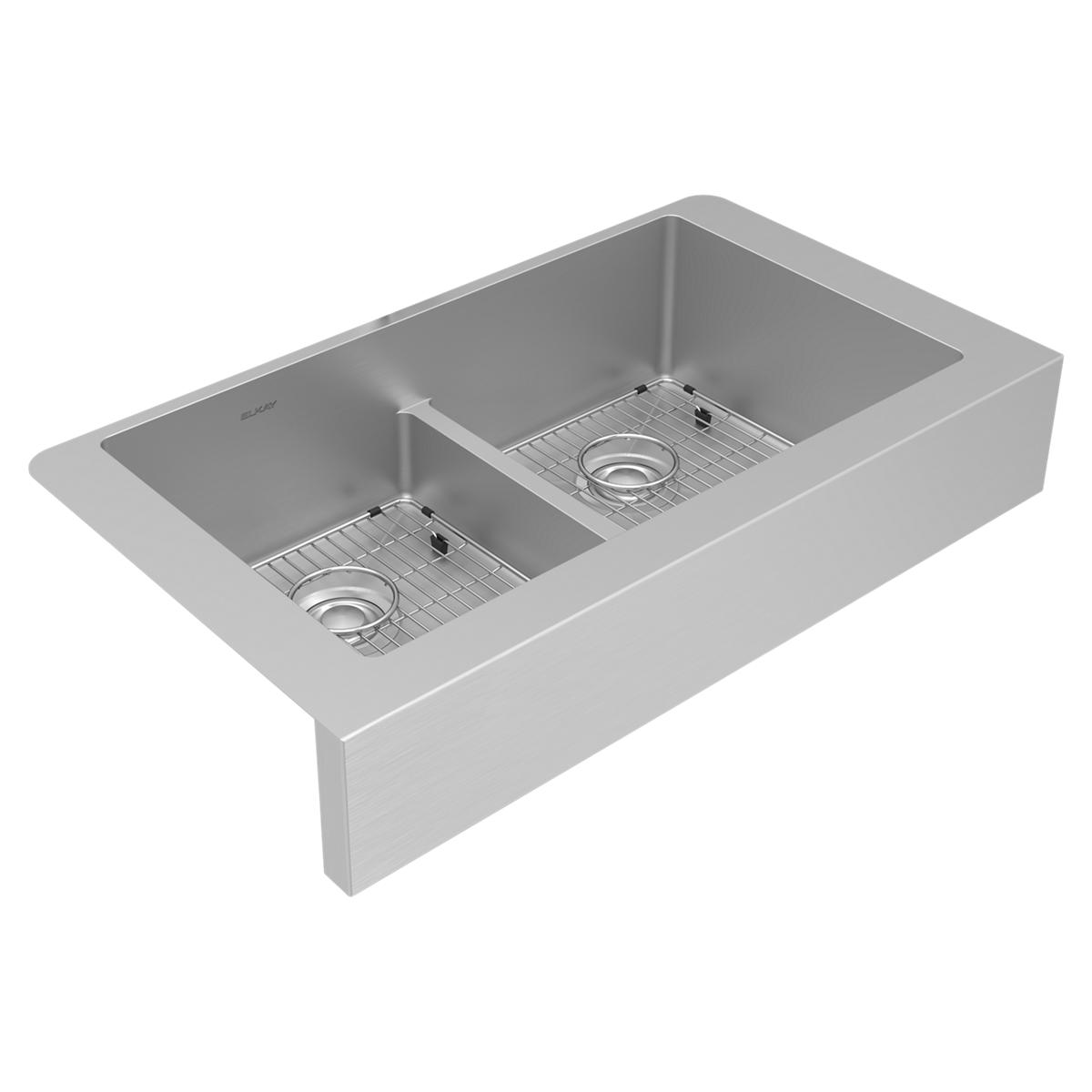 Stainless steel farmhouse sink with two equal bowls, divider, and bottom grids on apron front.