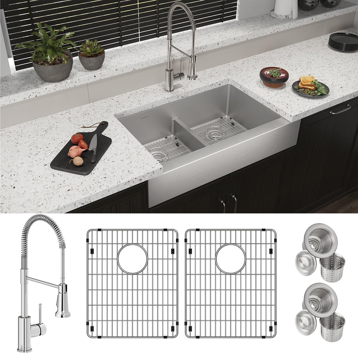 Stainless steel farmhouse sink with two equal bowls, divider, spring faucet, grids, and drain strainers included.