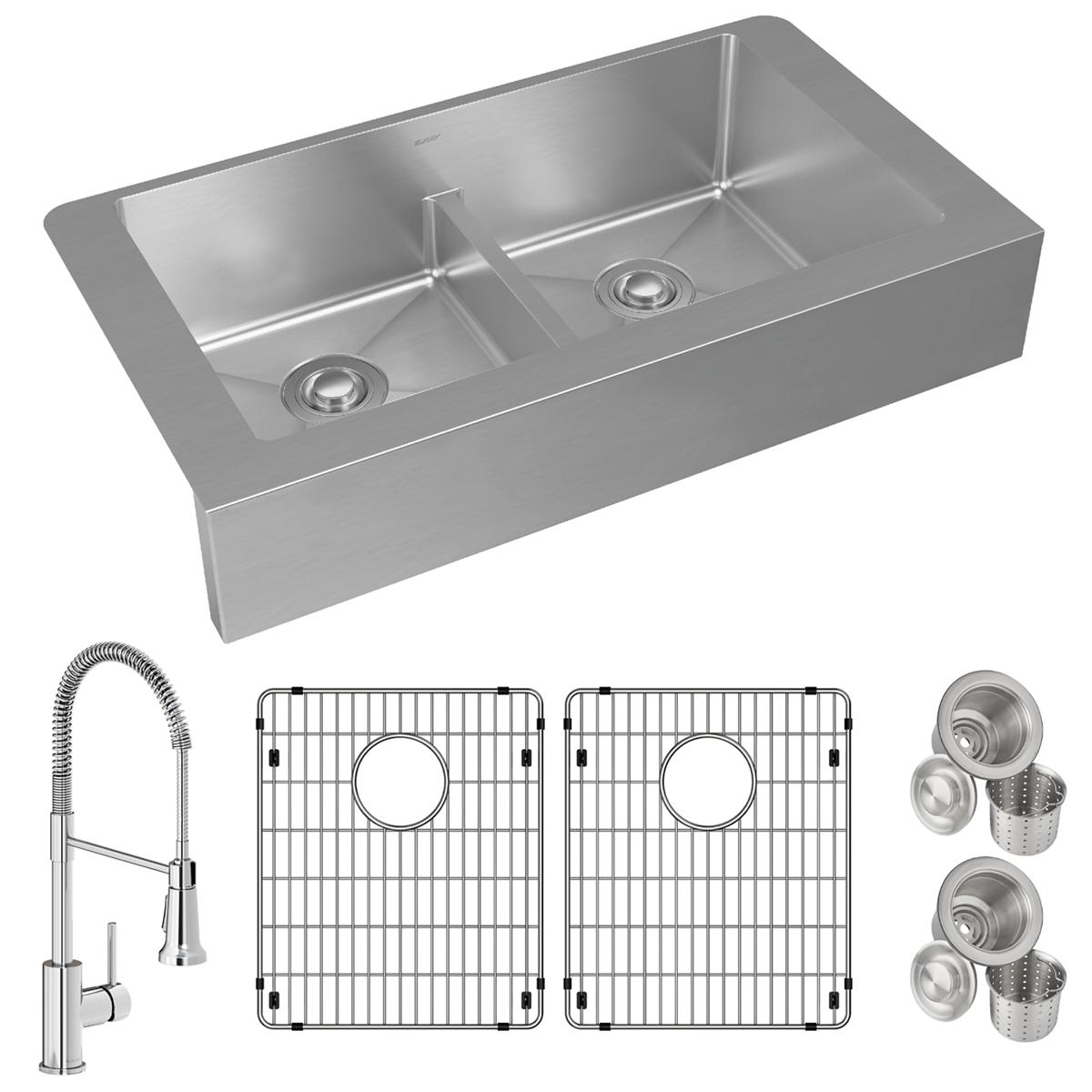Stainless steel double bowl farmhouse sink with two grids, strainer baskets, and pull-down faucet.