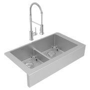 Stainless steel double bowl farmhouse sink with two grids and drains, paired with a pull-down spray faucet.