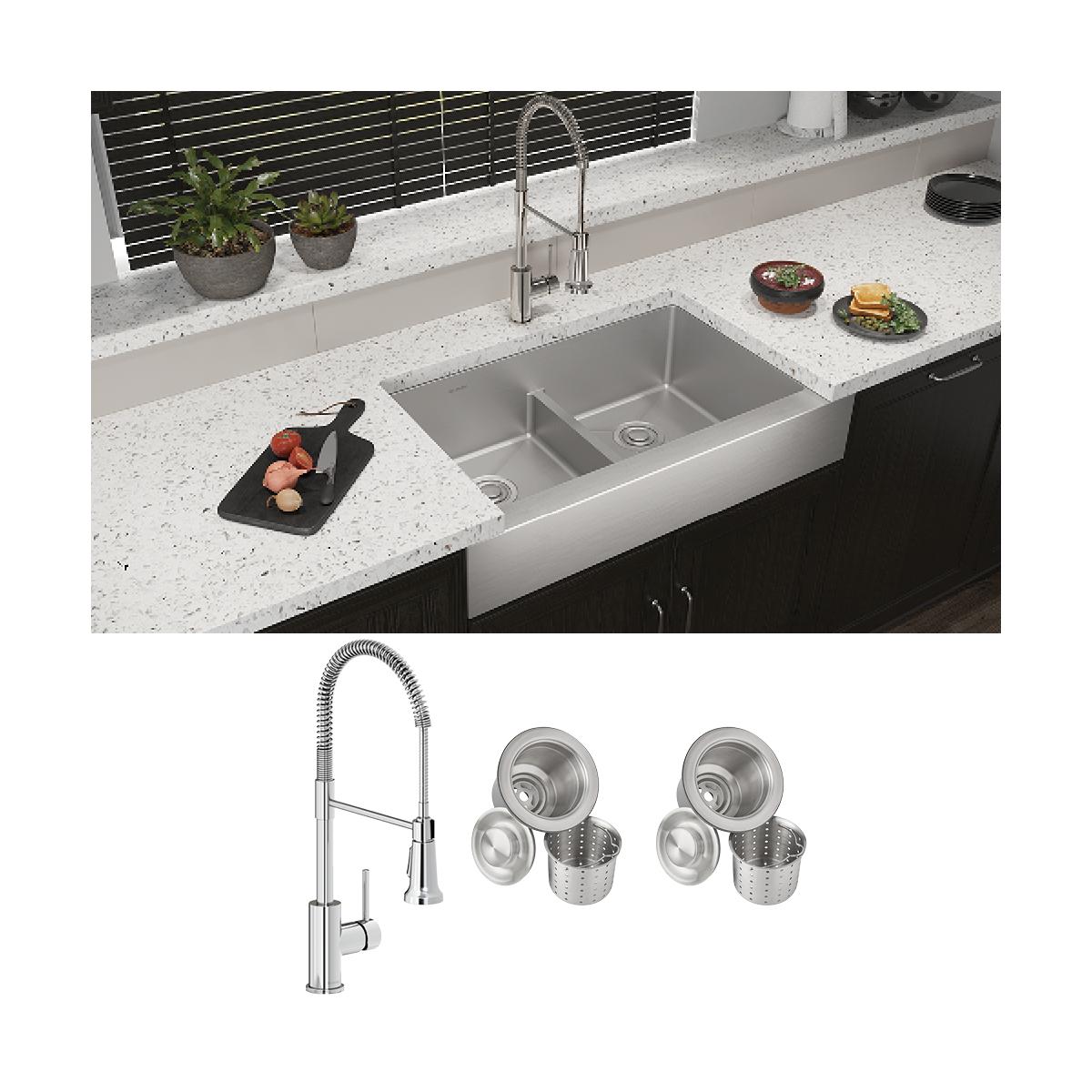 Stainless steel double bowl farmhouse sink with faucet and strainer baskets installed in white quartz countertop.