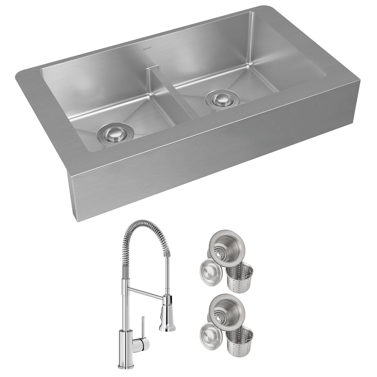 Stainless steel double-bowl farmhouse sink with two drains, sprayer faucet, and strainer baskets included.