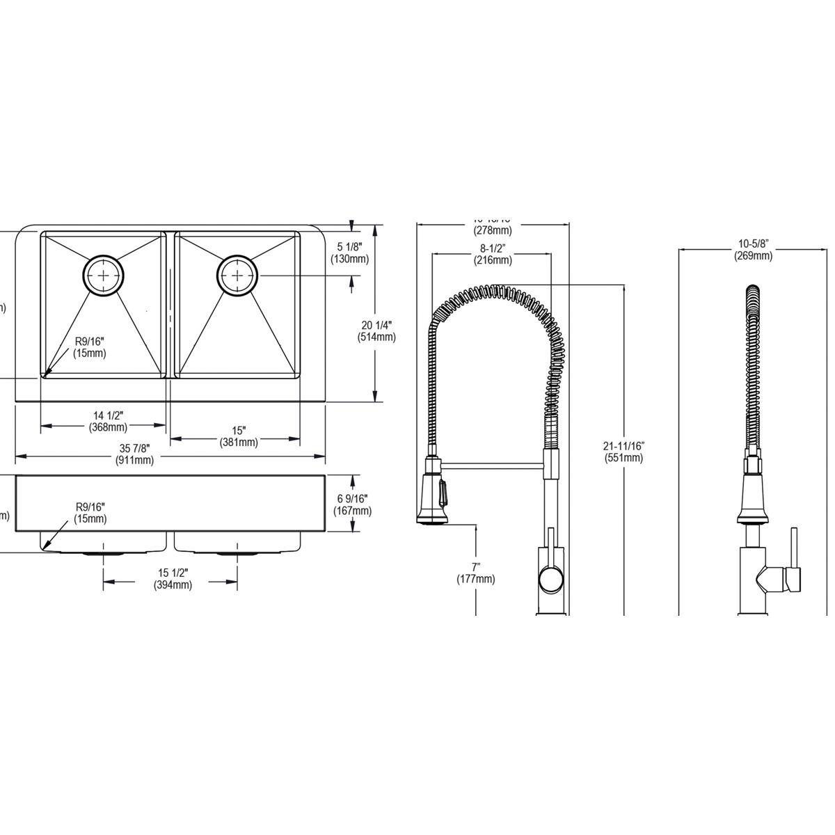 Stainless steel equal double bowl farmhouse sink with two faucets and detailed dimension specifications shown.