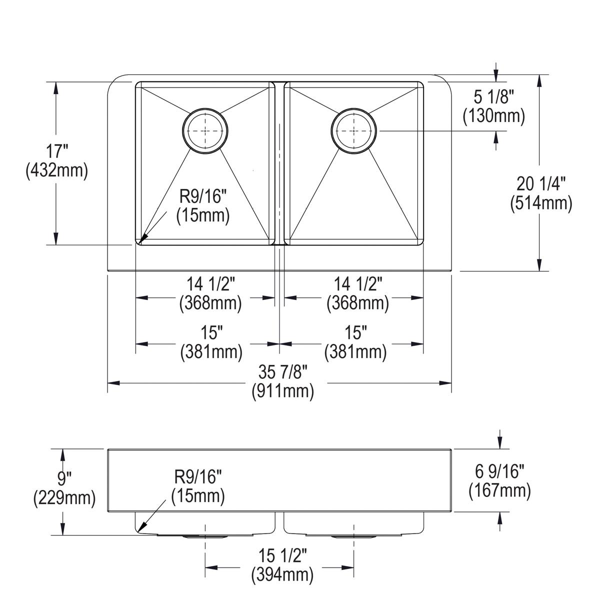 Stainless steel double bowl farmhouse sink with equal-sized bowls, drain locations, and dimension specifications shown in tec