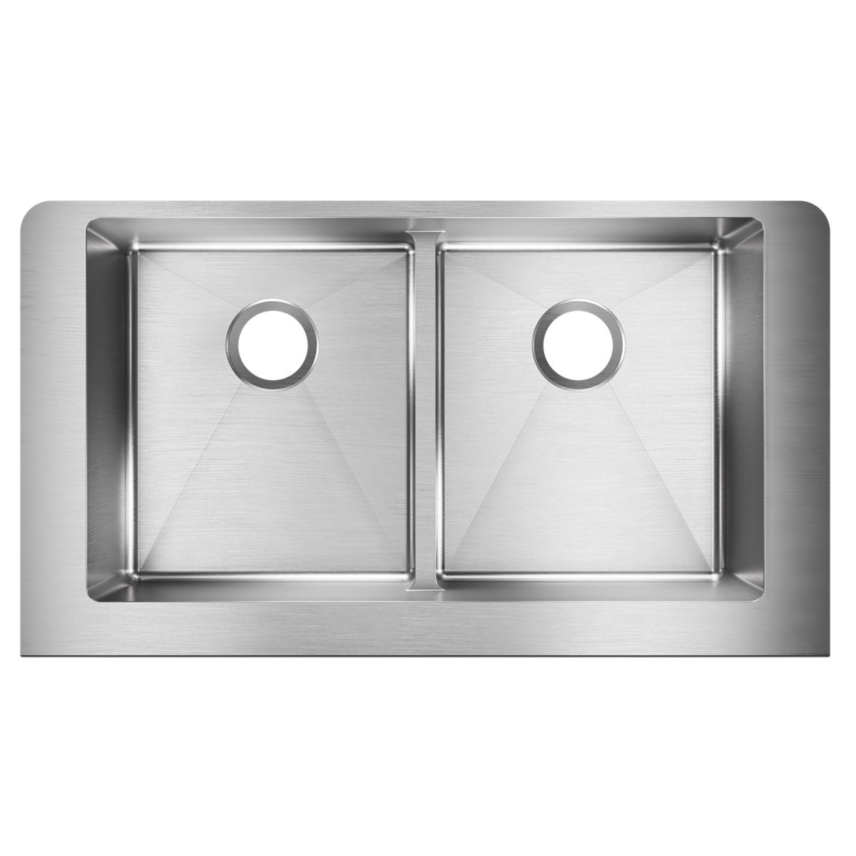 Stainless steel double bowl farmhouse sink with two equal rectangular basins and drain openings, viewed from above.