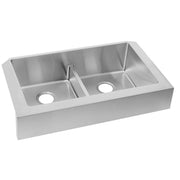 Stainless steel farmhouse sink with two equal rectangular bowls separated by a center divider and drainage holes.