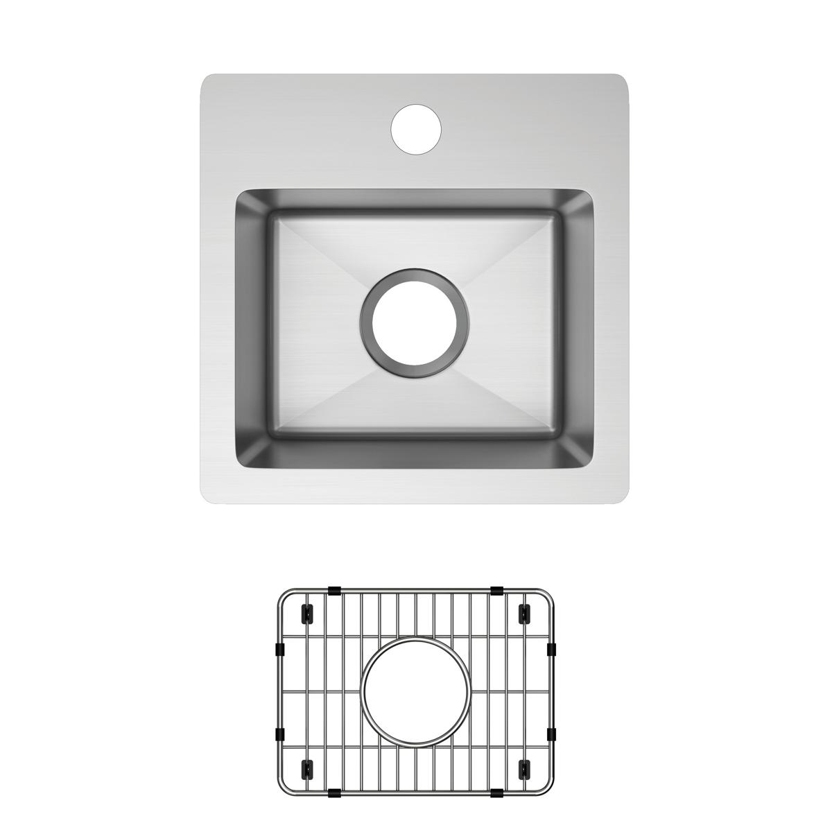 Stainless steel square bar sink with single bowl and drain hole, shown with matching grid strainer insert.
