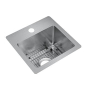 Stainless steel square bar sink with single bowl, drain hole, and wire grid insert on brushed surface.