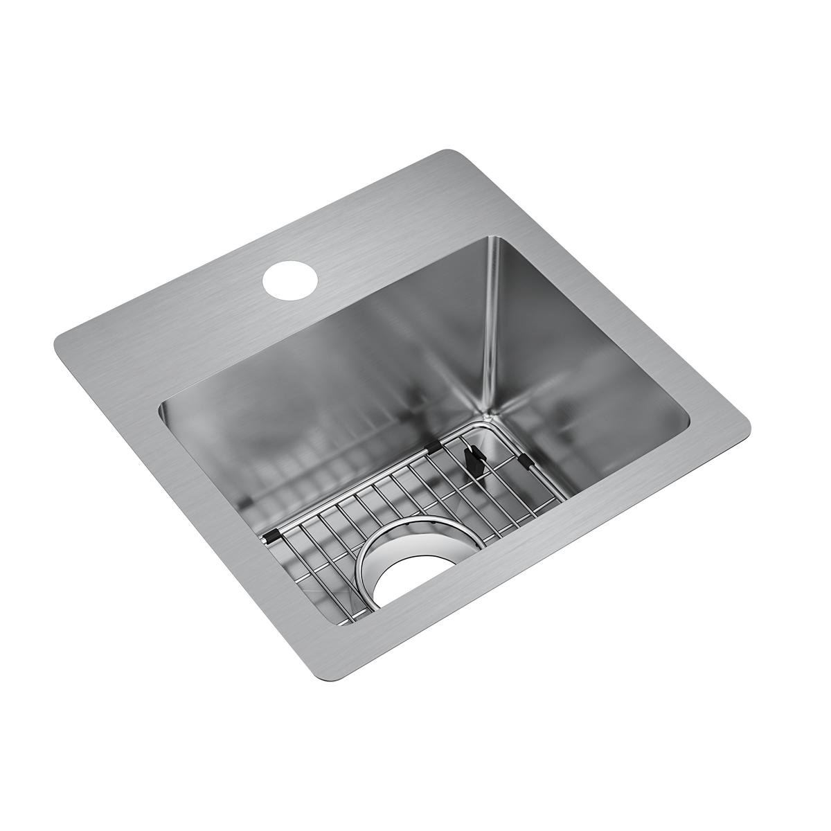 Stainless steel square bar sink with single bowl, drain hole, and wire grid insert on brushed surface.