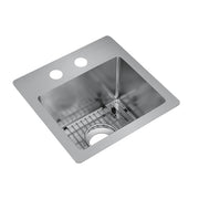 Stainless steel single bowl bar sink with two faucet holes, metal strainer basket, and brushed finish surface.
