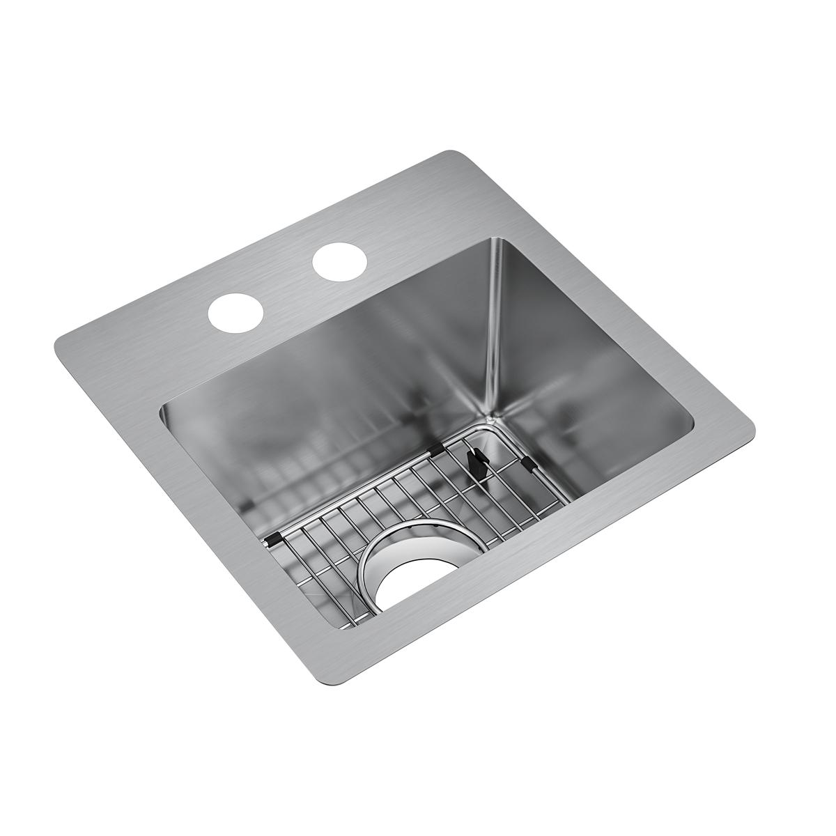 Stainless steel single bowl bar sink with two faucet holes, metal strainer basket, and brushed finish surface.