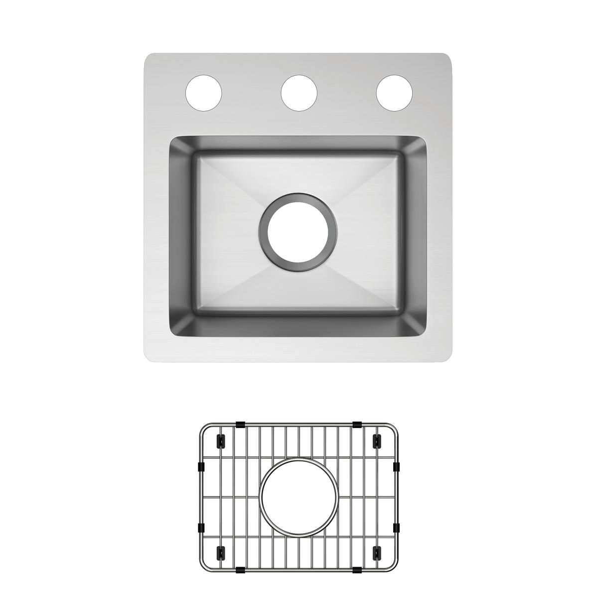Stainless steel single bowl bar sink with three mounting holes and matching sink grid strainer.