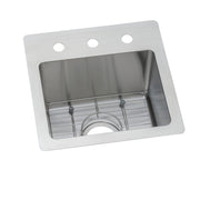 Stainless steel drop-in bar sink with single bowl, metal grid insert, and three pre-drilled holes in rim for faucet mounting.