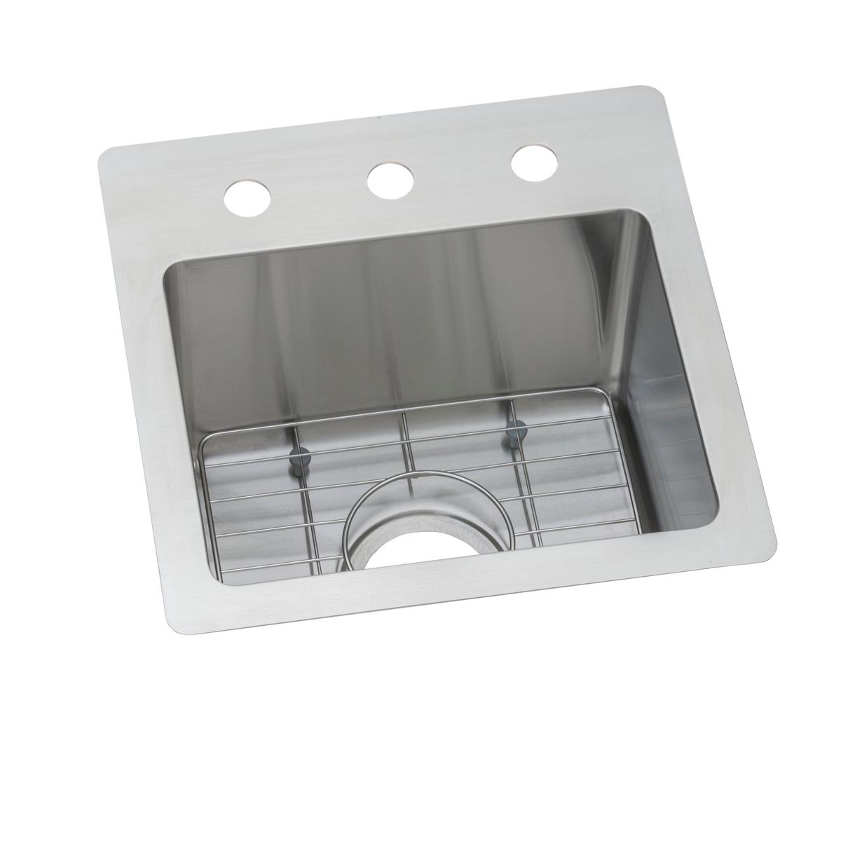 Stainless steel drop-in bar sink with single bowl, metal grid insert, and three pre-drilled holes in rim for faucet mounting.