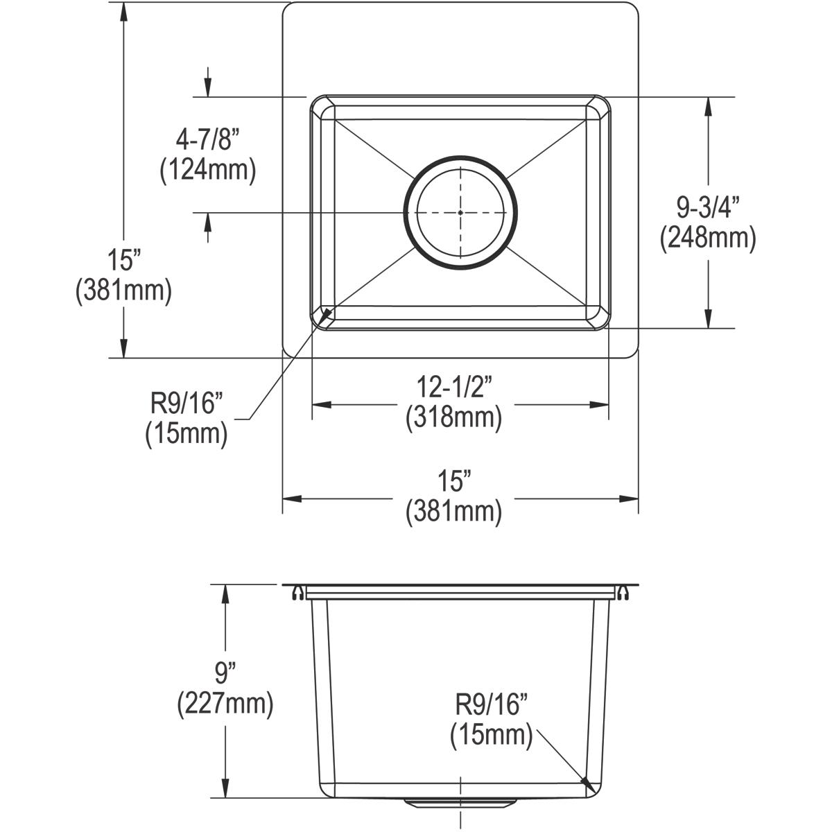 Stainless steel single bowl bar sink with dimensions and drain hole specifications shown in top and side view technical drawi