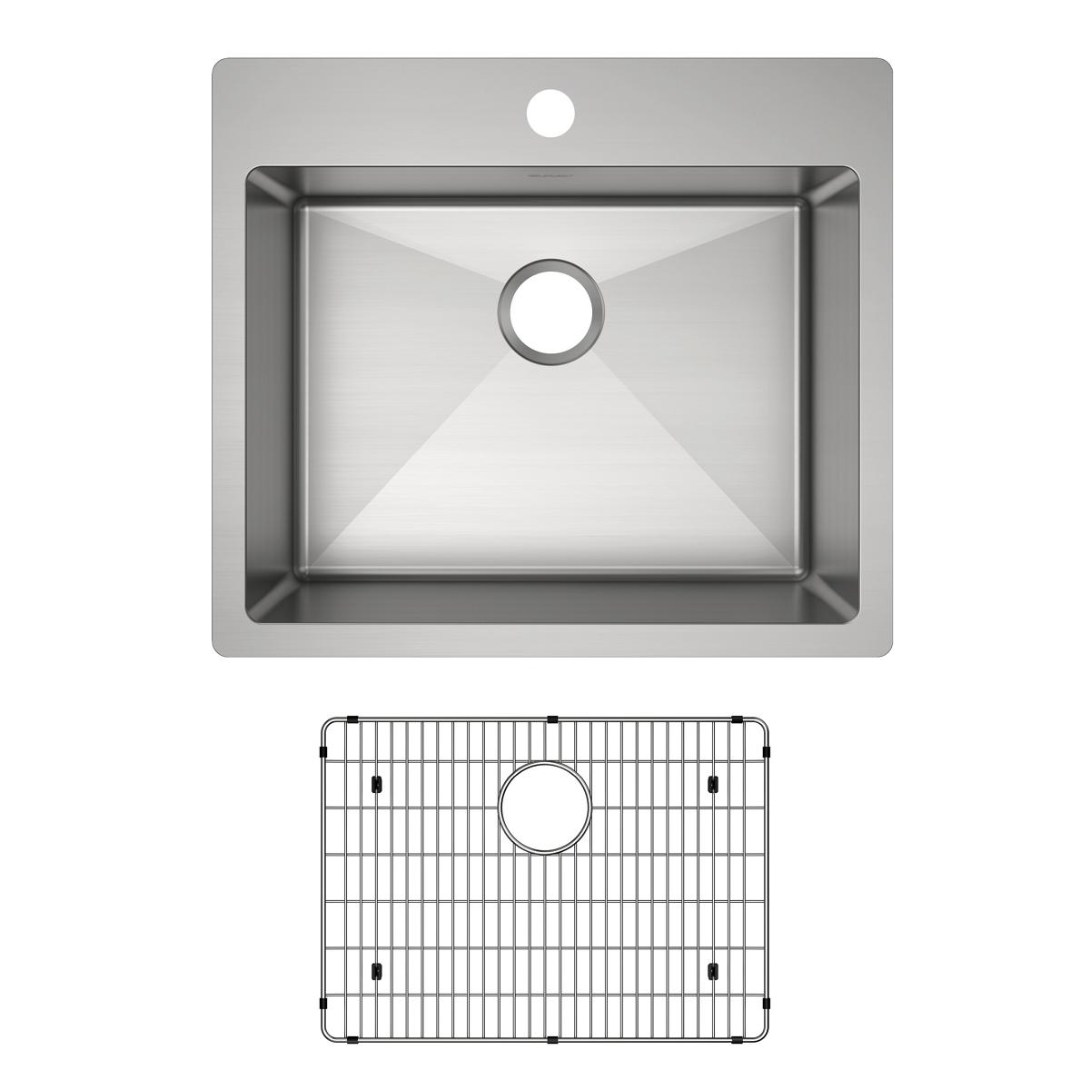 Stainless steel single bowl drop-in sink with one faucet hole and matching grid strainer insert.