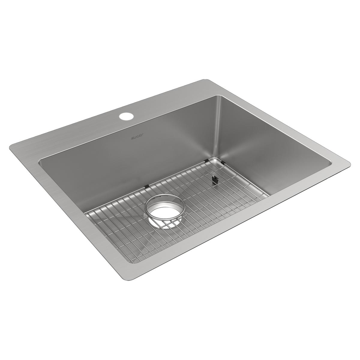 Stainless steel single bowl sink with faucet hole, metal drain strainer, and grid insert on bottom.