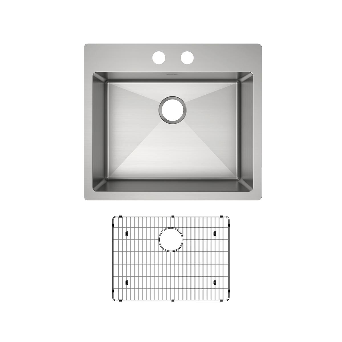 Stainless steel single bowl sink with two faucet holes and matching grid strainer basket shown in top and bottom views.