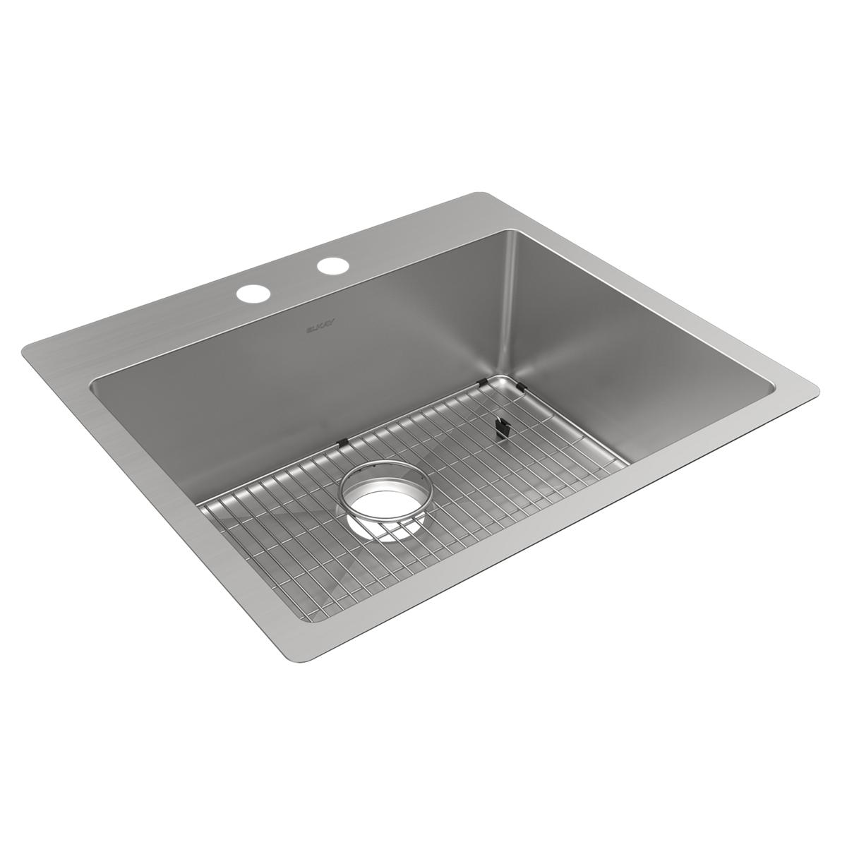 Stainless steel single bowl sink with two holes on rim, grid insert, and drain opening visible.