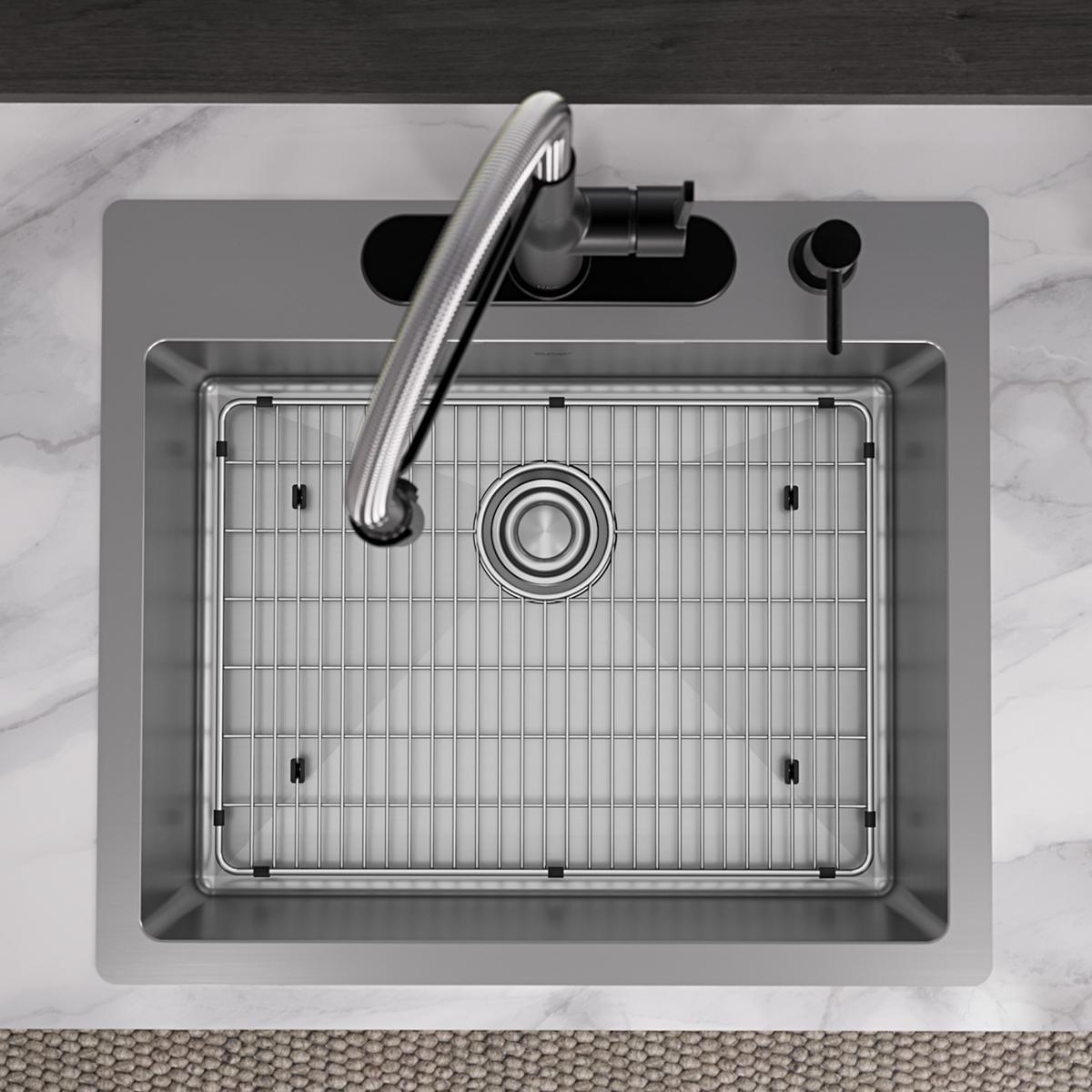 Stainless steel single bowl sink with gooseneck faucet, drain, soap dispenser, and grid strainer shown from above on marble c