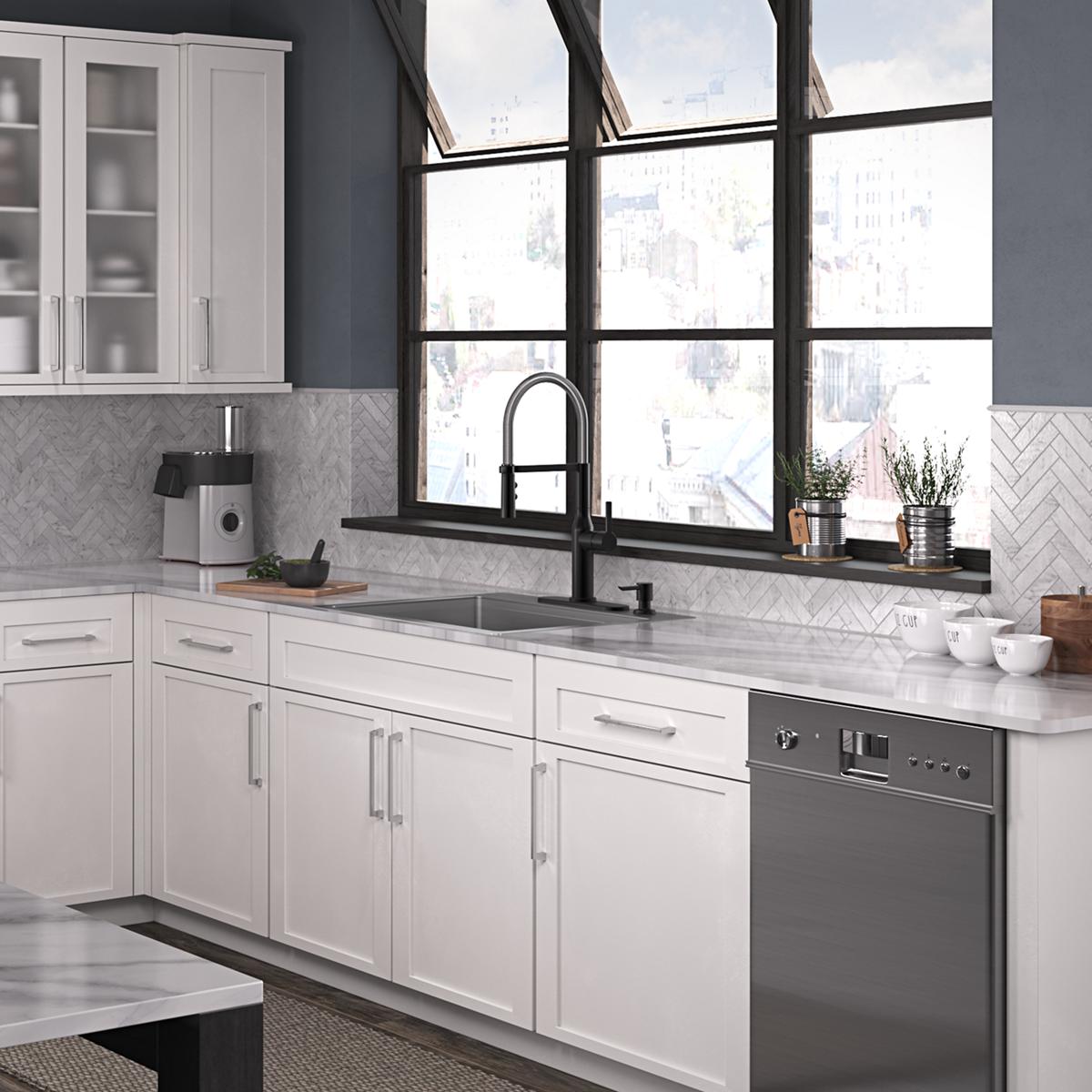 Stainless steel single bowl sink with four faucet holes installed in white kitchen countertop beneath black window frame.
