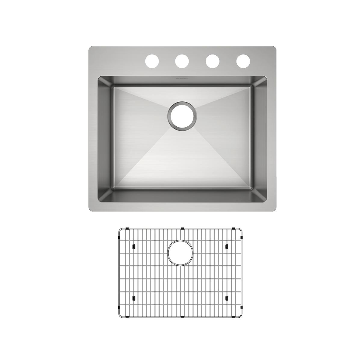 Stainless steel single bowl sink with four mounting holes and matching grid strainer insert.