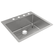 Stainless steel single bowl sink with four holes along the rim, grid insert, and drain opening.