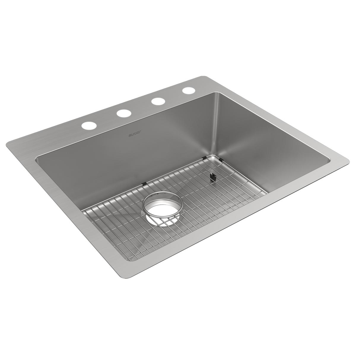 Stainless steel single bowl sink with four holes along the rim, grid insert, and drain opening.